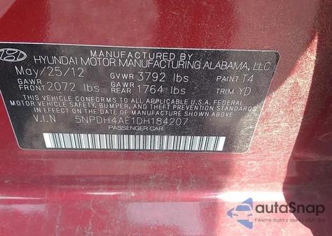 2013 Hyundai Elantra Gls from USA, damaged, VIN 5NPDH4AE1DH184207